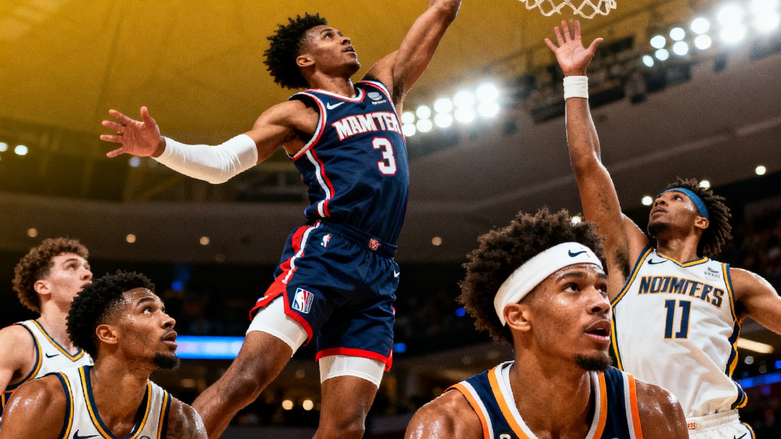 NBA夏季联赛新星盘点文章配图，多位年轻球员在赛场上的精彩扣篮和防守瞬间，展现2025届新秀的潜力和技术特点