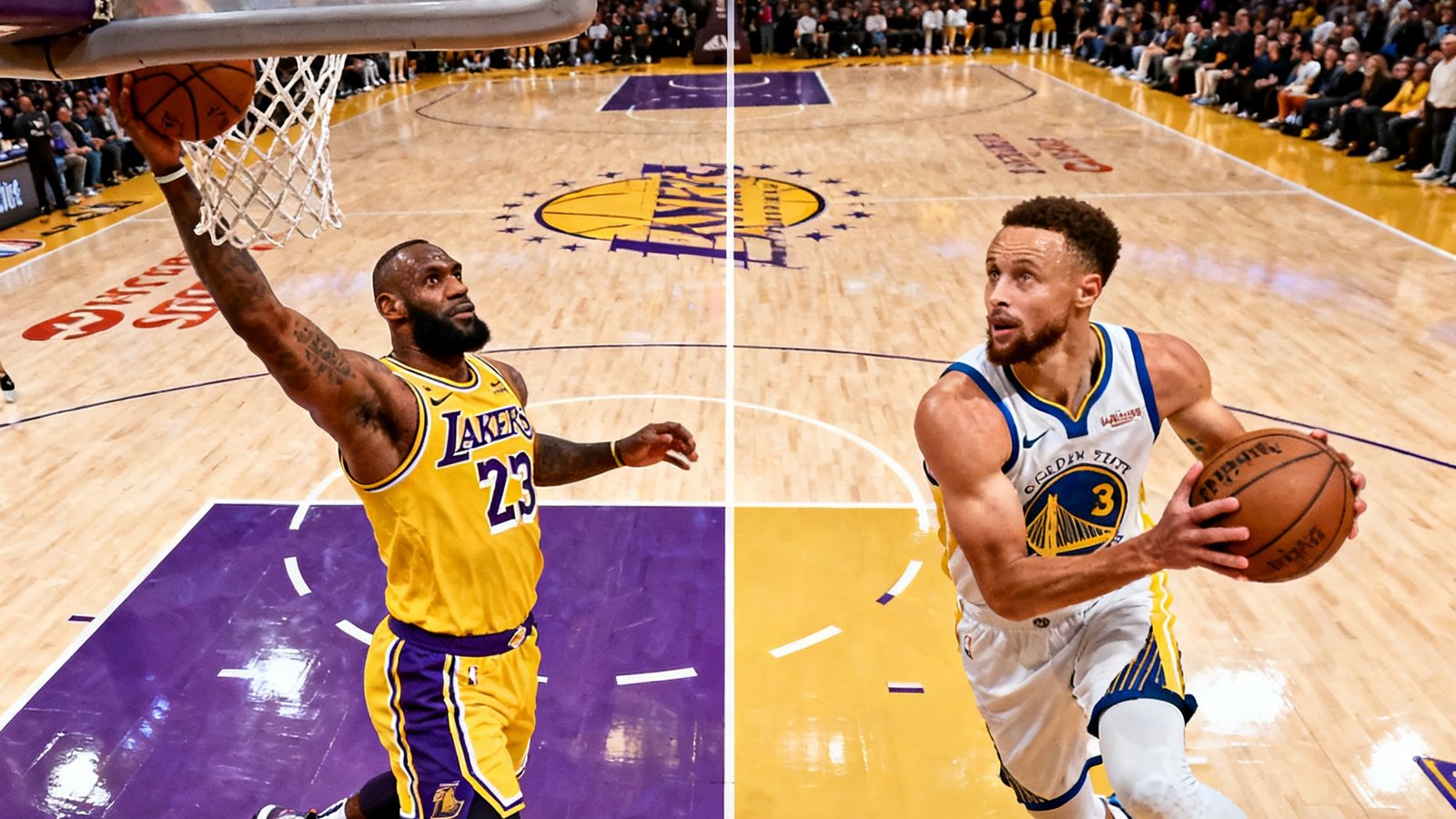 NBA湖人队对阵勇士队全场集锦视频封面，展示詹姆斯关键扣篮和库里三分出手的对比画面，凸显比赛高潮时刻